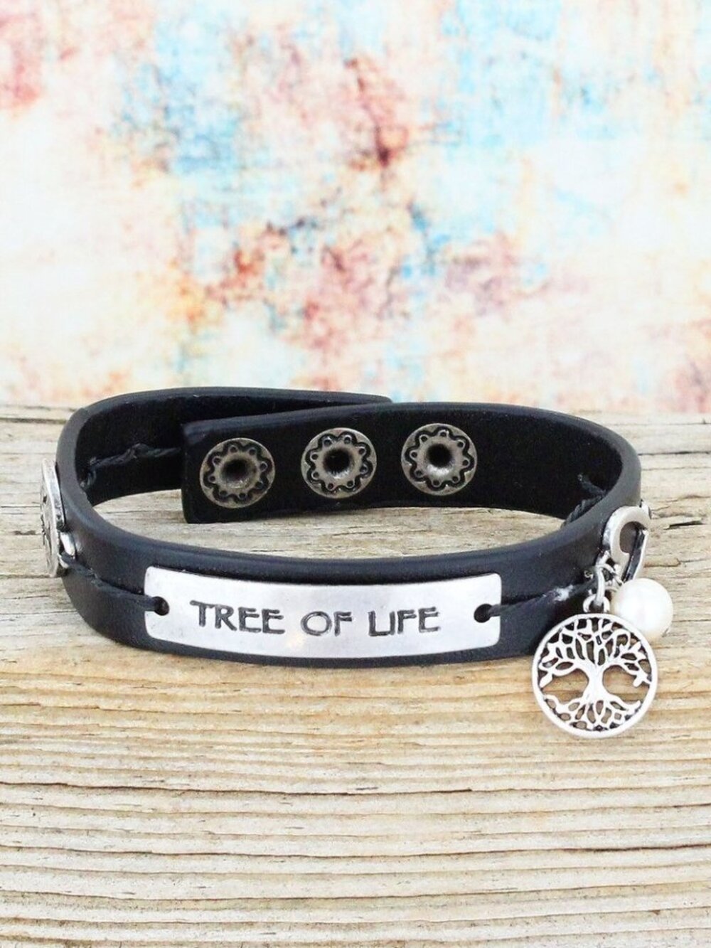 Bracelet. Black Faux Leather. Tree of Life & Freshwater Pearl Charms. NWT